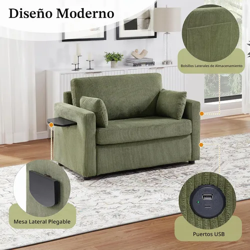 Vista 8 de P PURLOVE Sofá cama cama de 47.2 pulgadas de largo, sofá cama extraíble 2 en 1 con colchón, una mesa auxiliar plegable, sofá biplaza para sala