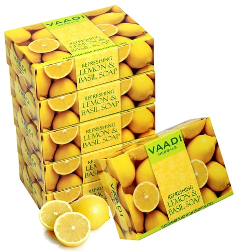 Vista 2 de Vaadi Herbals Jabón refrescante de limón y albahaca, 2.65 oz x 6