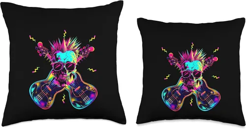 Vista 3 de Streetwear Synthwave 80s 90s skull rock music bass guitar Throw Pillow