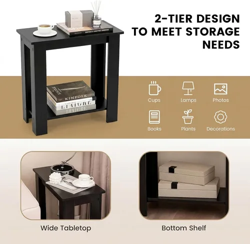 Vista 5 de Giantex Narrow End Table, 2-Tier Side Table with Open Storage Shelf, Retro Wood Sofa Table Bedside Tables for Small Spaces, Slim Nightstand for