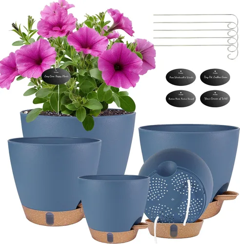 Vista 10 de Paquete de 5 macetas de riego automático de 6 pulgadas para plantas de interior, macetas pequeñas de plástico con indicador de nivel de agua