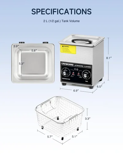 Vista 8 de CREWORKS Limpiador ultrasónico con calentador y temporizador, máquina de limpieza ultrasónica de acero inoxidable de 1/2 galón de 60 W, máquina
