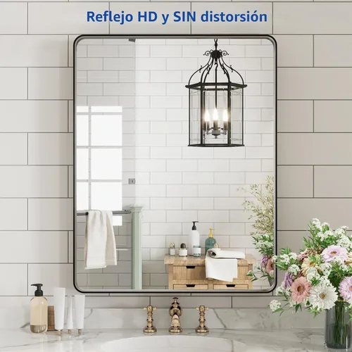 Vista 2 de WEER - Espejo de baño negro para tocador de 20x28 pulgadas, espejo con marco de metal negro mate y forma de rectángulo redondeado para sobre