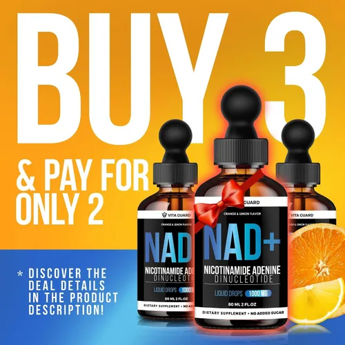 Vista 2 de Vita Guard Pure NAD+ Liquid Drops 1000mg Fórmula de nicotinamida y adenina Vegano, sin OMG Sabor natural de limón y naranja Suplemento