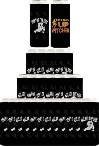 Vista 26 de Decoración espeluznante de Halloween Bebe brujas aquí para los abucheos 2 caras Paquete de 2 termoenfriadores ultra delgados para latas