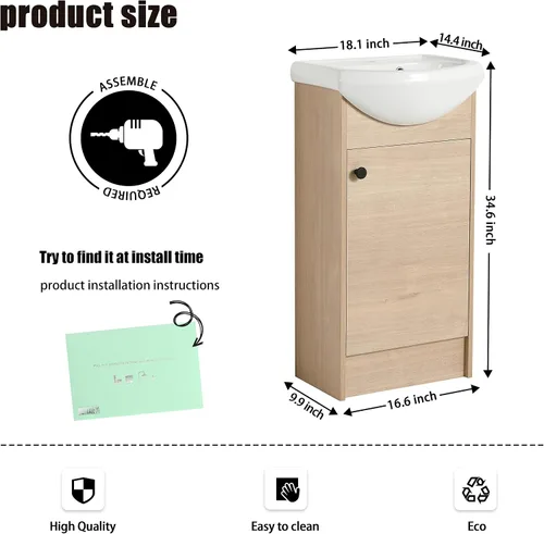 Vista 2 de BN-022 - Tocador de baño de 18 pulgadas con lavabo, tocador independiente de 18 pulgadas con puerta de cierre suave para espacios pequeños, moderno