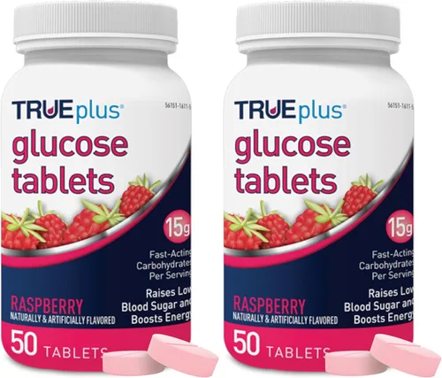 Vista 15 de TRUEplus® Tabletas de glucosa, sabor surtido (uva, frambuesa, naranja), botella de 50 unidades (1)