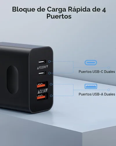 Vista 2 de [Paquete de 2] Bloque de cargador USB C, cargador de pared USBC de 40 W, 4 puertos, carga rápida, adaptador de corriente USB-C dual + enchufe