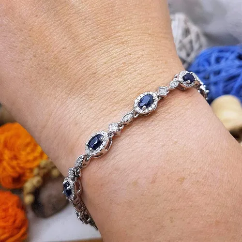 Vista 6 de Dazzlingrock Collection Pulsera de eslabones de mujer de diamante blanco de corte ovalado real con zafiro azul y corte redondo, plata esterlina