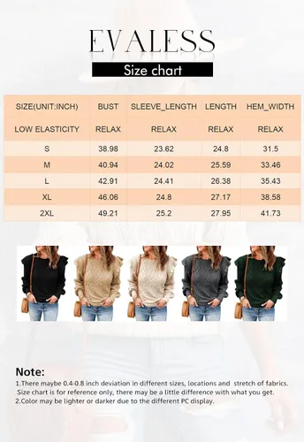 Vista 6 de EVALESS Suéteres de cuello redondo para mujer, con textura, con volantes, sueltos, de punto grueso