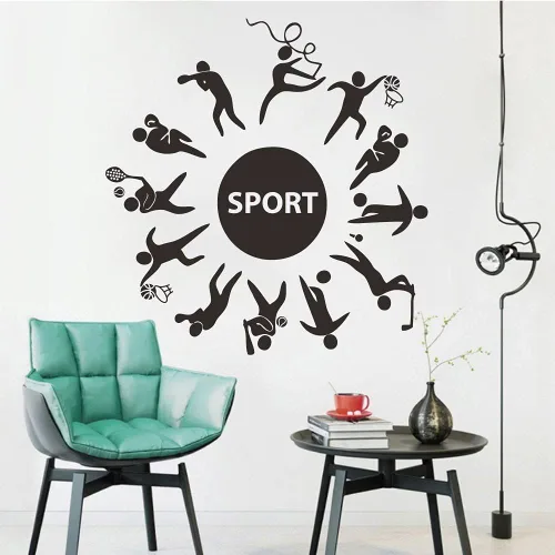 Vista 4 de Calcomanía deportiva de pared para habitación de los niños, calcomanías de PVC extraíbles con fútbol, baloncesto, béisbol y cuerda de saltar