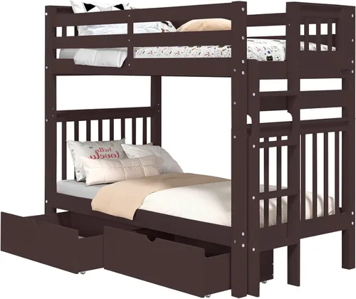 Vista 2 de Bedz King Literas altas de tamaño individual sobre individual, estilo Mission con escalera lateral y 2 cajones debajo de la cama, color cereza oscuro