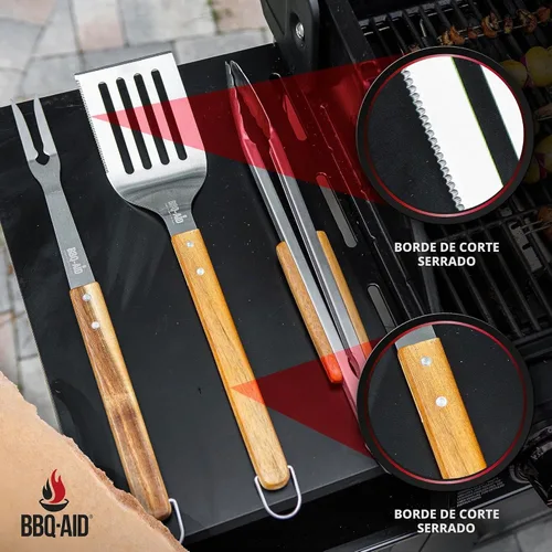 Vista 2 de Juego de 3 accesorios para barbacoa – Pinzas para barbacoa – Juego de espátula y tenedor – Herramientas resistentes de acero inoxidable