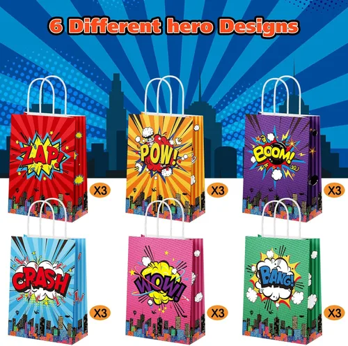 Vista 4 de Pajean 18 bolsas de regalo de fiesta de héroe de cómic, papel de estraza de héroe, bolsas de regalo con asa temática de boom, suministros