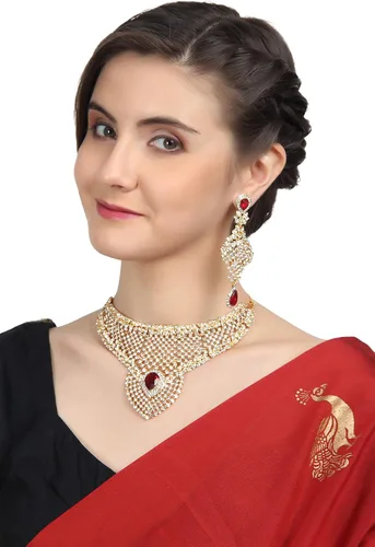 Vista 6 de Touchstone Mughal Jali Collection, Gargantilla de tono dorado, de India, Mughal, Bollywood, diamante blanco, set de gargantilla para mujer