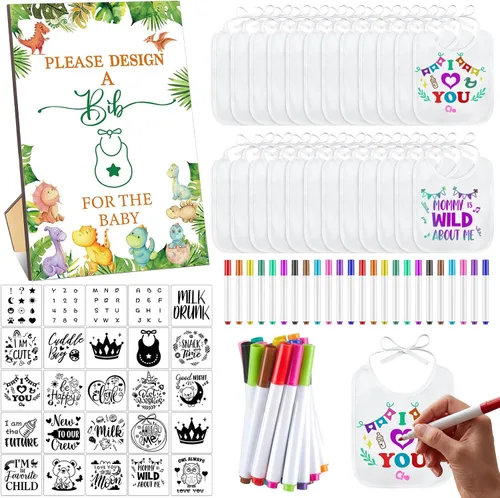 Vista 9 de Panitay Kit de decoración de 100 baberos para bebé, 50 baberos blancos, 25 plantillas, 24 marcadores de tela, 1 letrero de juego para baby shower