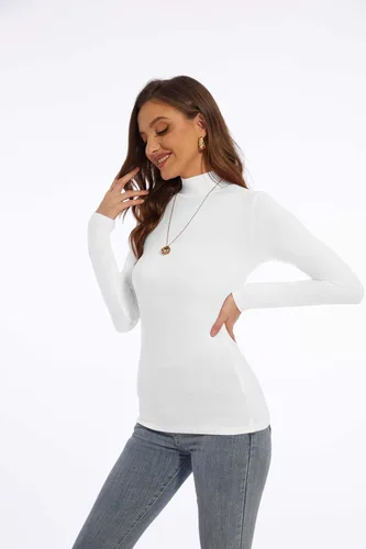 Vista 13 de Zephyrine Camisa ligera de manga larga para mujer, cuello alto, ligera, ajustada, capa base