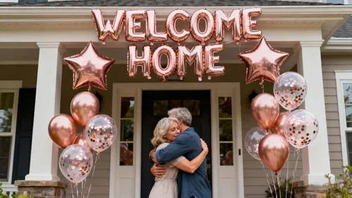 Vista 2 de Cartel de globo con letras de bienvenida a casa con globos de lentejuelas de estrellas para decoración de fiestas familiares del hogar