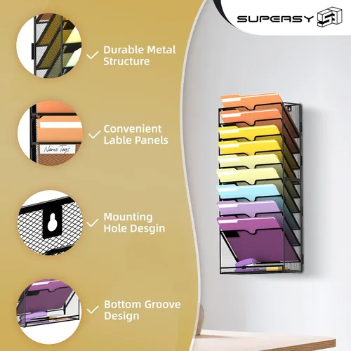 Vista 4 de SUPEASY Organizador de archivos de pared con 10 niveles para colgar papeles, carpetas, archivos, portafolios y revistas; ideal para oficina y hogar