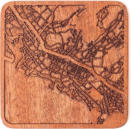 Vista 146 de Posavasos Amsterdam Map by O3 Design Studio, 1 pieza, posavasos de madera Sapele con mapa de la ciudad, hecho a mano, varias ciudades opcionales