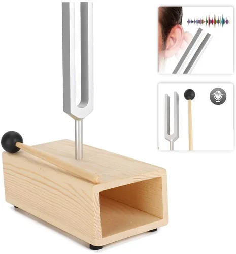 Vista 2 de Diapasón, martillo de diapasón, diapasón de afinación 440Hz, herramientas de percusión, martillo de madera, herramienta de sonido. Estante