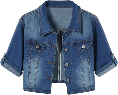 Vista 8 de Chaqueta de mezclilla de manga corta para mujer, con botones, chal elástico