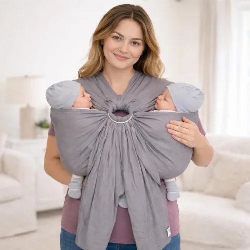 Vista 2 de Arnés de anillo doble gris para gemelos – 100% mezcla de lino y algodón para bebé Arnés de bebé ergonómico para llevar en la cadera Arnés