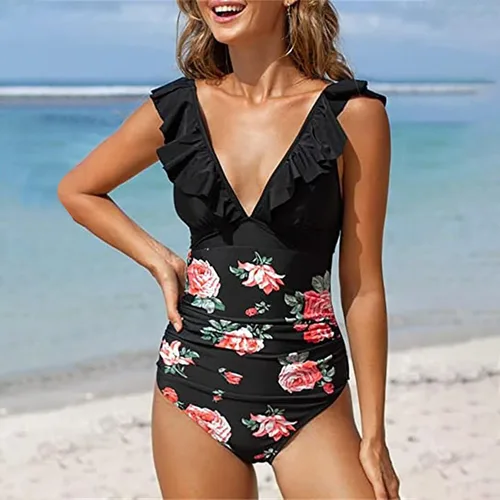 Vista 6 de SNKSDGM Traje de baño de una pieza para mujer, con control de abdomen, cuello halter, espalda en U, traje de baño retro, monokini