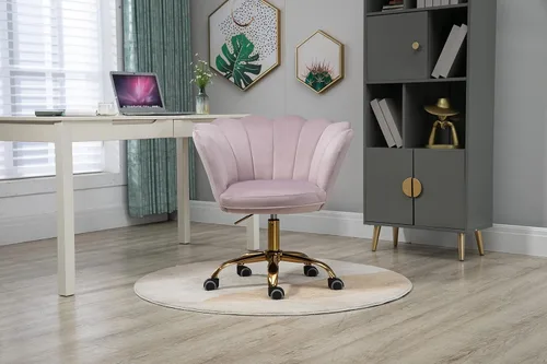 Vista 2 de Silla cómoda de oficina en casa con ruedas, linda silla de escritorio de tocador giratoria ajustable de terciopelo con respaldo de concha marina
