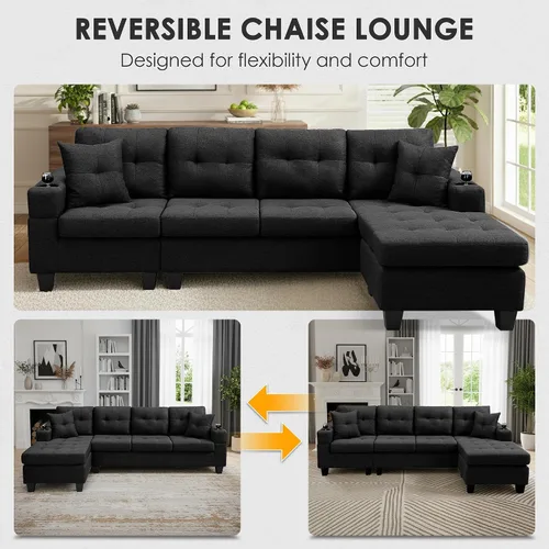 Vista 3 de Wakefit Sofá seccional, moderno juego de muebles de sala de estar de 4 plazas con diván reversible y 2 almohadas, sofá en forma de L, portavasos