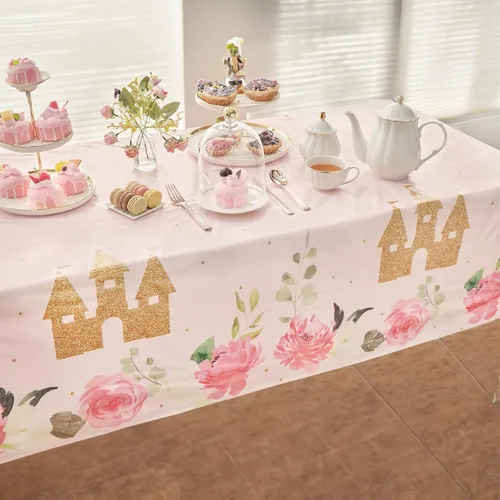 Vista 2 de Blue Panda Manteles de plástico de princesa, manteles de princesa para fiesta de cumpleaños y decoración de fiesta de cumpleaños con temática