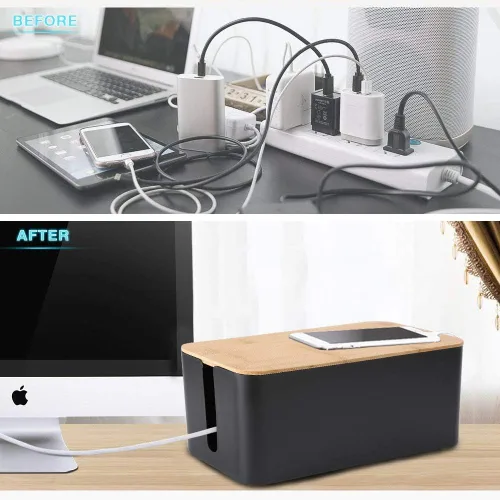 Vista 5 de PowerKing Organizador de cajas de gestión de cables, tapa de bambú, soporte grande para cables de almacenamiento para escritorio, TV, computadora