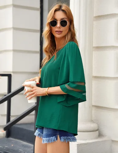 Vista 4 de LookbookStore - Blusa para mujer con paneles de malla, cuello en V, mangas acampanadas 34 y corte holgado
