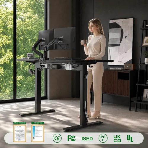 Vista 3 de FEZIBO Escritorio eléctrico de pie con barra transversal en forma de L y sistema de gestión de cables, escritorio de pie de 48 x 24 pulgadas