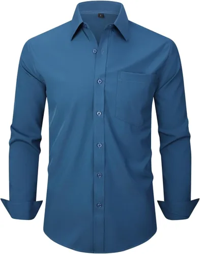 Vista 92 de corfty Camisa de vestir de manga larga para hombre, ajuste regular, elástica, sin arrugas, casual, con botones