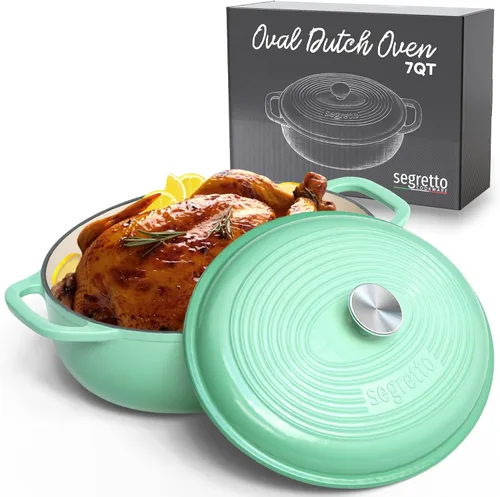 Vista 9 de Segretto Cookware Horno holandés ovalado de hierro fundido esmaltado, 7 cuartos de galón blanco Bianco Perla (Off-White)