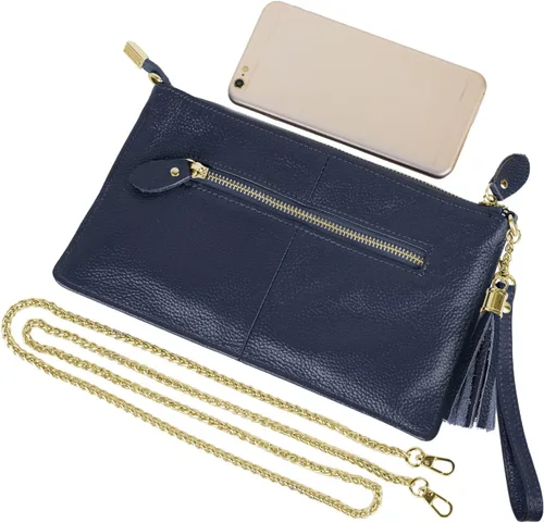 Vista 5 de YALUXE Genuine Leather Wristlet Handbags Purses Cell Phone Pocket Clutch Wallet Crossbody Bags for Women Azul