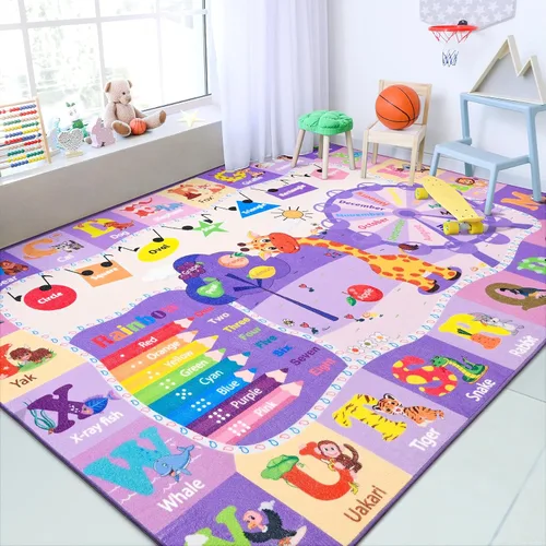 Vista 10 de Chicrug Alfombra educativa para niños de 3 x 5 pies para sala de juegos, TPR antideslizante para niños, alfombra de aula para aprender animales ABC