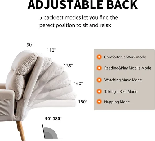 Vista 3 de INZOY Sillas Accent con Otomano, Sillón de Terciopelo Moderno con Respaldo Ajustable, Cómoda Silla de Salón para Sala de Estar Dormitorio, Crema