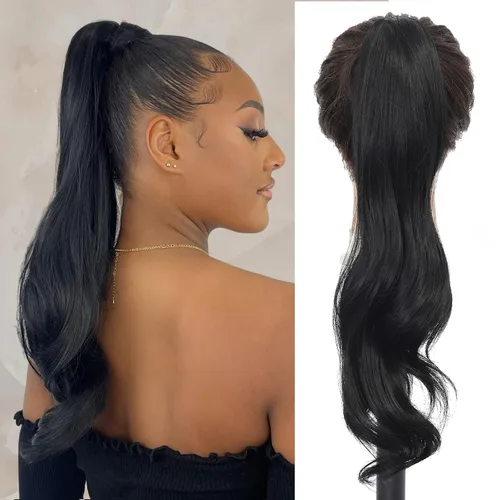 Vista 8 de Chicmoi Extensión de Cola de Caballo Negra de 32 Pulgadas Flexible, Envolvente, Extensiones de Cabello Ondulado Largo para Mujeres y Niñas, Cabello