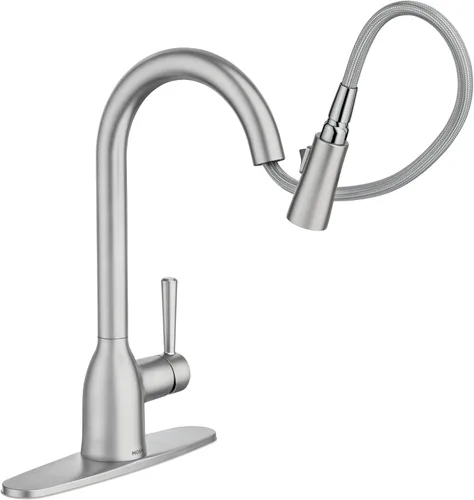 Vista 4 de Moen Adler Grifo de fregadero de cocina cromado de un solo mango con arco alto y fuerza de limpieza, llave de cocina moderna con rociador extraíble