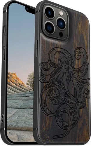 Vista 15 de Carveit Funda magnética de madera para iPhone 13 Mini [madera natural y TPU suave negro] funda protectora de madera única y elegante a prueba
