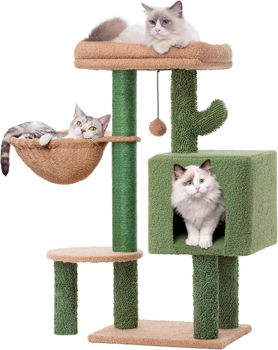 Vista 7 de Árbol de cactus para gatos, torre pequeña para gatos con poste rascador de 32 pulgadas con casa de condominio para gatos, hamaca acogedora y cama