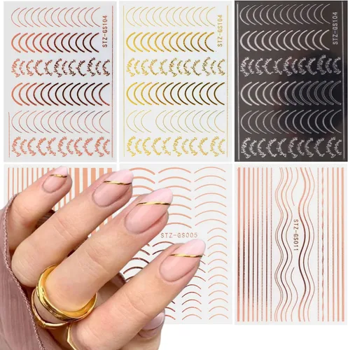 Vista 12 de French Line - Calcomanías para arte de uñas, holográficas 3D, autoadhesivas, con cadenas de líneas onduladas con purpurina occidental colorida