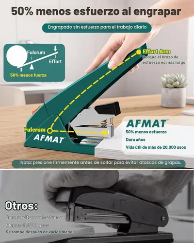 Vista 3 de AFMAT Engrapadora resistente, capacidad de 100 hojas, 50% menos esfuerzo Verde