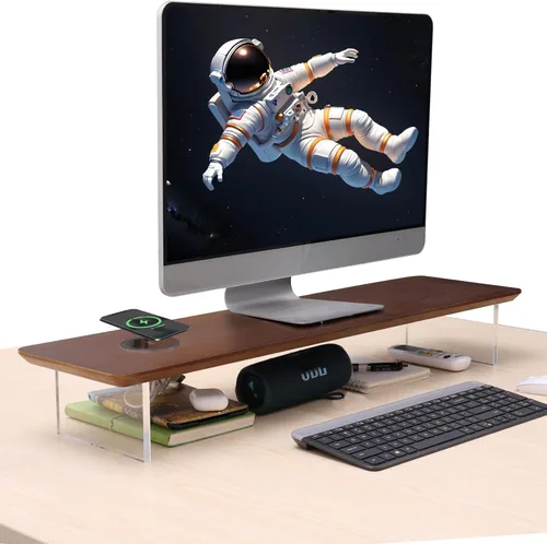 Vista 7 de SUIBIAN Soporte elevador de monitor negro con carga inalámbrica de 31.5 pulgadas, grande, soporte para monitor de computadora, estante organizador