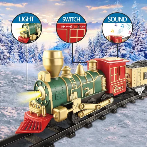 Vista 3 de JQ JUQU Juego de tren eléctrico para niños de 3 a 8 años, tren de juguete a pilas con luces y sonidos, 3 autos y 10 pistas para Navidad y juego