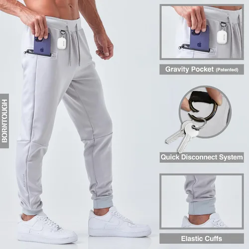 Vista 2 de Born Tough Pantalones deportivos de entrenamiento para hombre, cónicos para fisicoculturismo, gimnasio, pantalones deportivos con bolsillos
