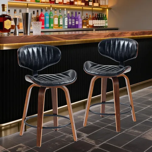 Vista 4 de Juego de 2 taburetes de bar de 24 pulgadas, de piel sintética, de madera curvada, giratorios, altura de mostrador, sillas modernas de barra