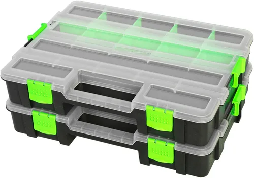 Vista 11 de Jack Boss Caja de herramientas con tapa transparente, caja organizadora de 34 compartimentos de doble cara con divisores extraíbles para herrajes